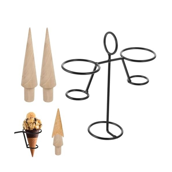 Lumeclat Set de 3 pièces pour cornets de glace en bois, comprenant 2 rouleaux pour cônes de gaufres et un support de présenta