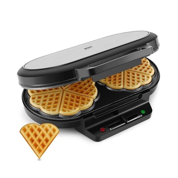 YASHE Machine À Gauffre Coeur, 10 Gaufres Classiques En Forme De Cœur Avec Revêtement Antiadhésif, 5 Réglages De Température 