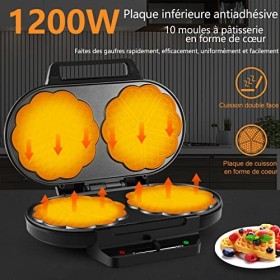 YASHE Machine À Gauffre Coeur, 10 Gaufres Classiques En Forme De Cœur Avec Revêtement Antiadhésif, 5 Réglages De Température 