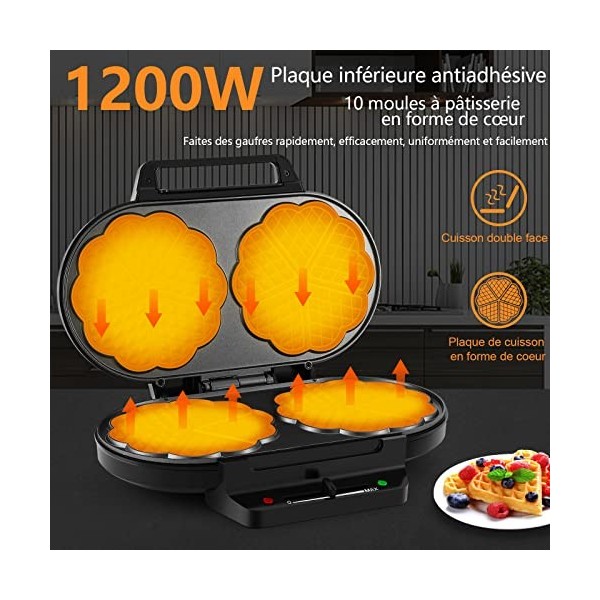 YASHE Machine À Gauffre Coeur, 10 Gaufres Classiques En Forme De Cœur Avec Revêtement Antiadhésif, 5 Réglages De Température 