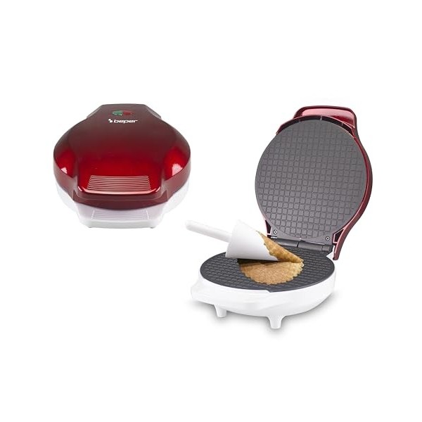 BEPER P101CUD002 Gaufrier électrique, 1000 W, Gaufrier pour cônes 18 cm, Poignée isolante, Accessoires pour cônes inclus, Bla