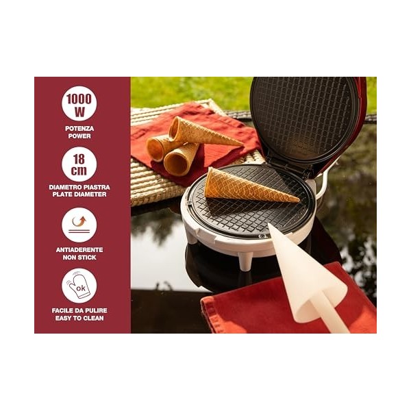 BEPER P101CUD002 Gaufrier électrique, 1000 W, Gaufrier pour cônes 18 cm, Poignée isolante, Accessoires pour cônes inclus, Bla