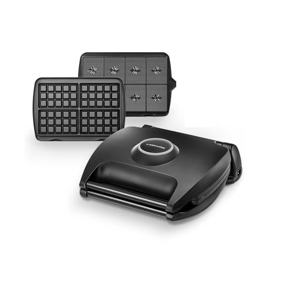 Gaufrier 4 Gaufres - 2 jeux de plaques Gaufres de Bruxelles + Gaufrettes, Noir Mat