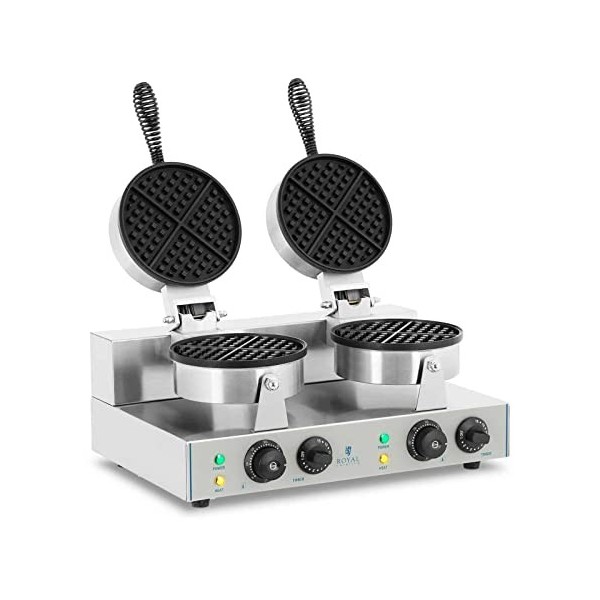 Royal Catering RCWM-2600-R Gaufrier double rond 2 x 1300 W, minuterie 15 min, téflon et aluminium, acier inoxydable