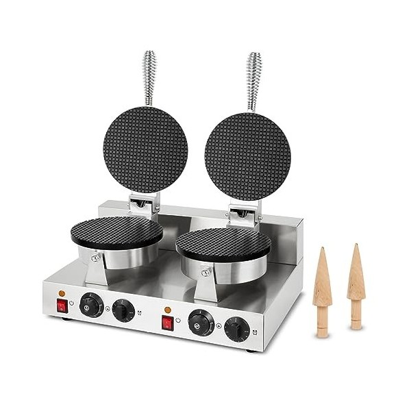 VERTES Gaufrier double, Appareil Cornets de Glace Professionnel, 48 Pièces/Heure, 2 Cônes de moulage, Réglable 0-300°C, Minut