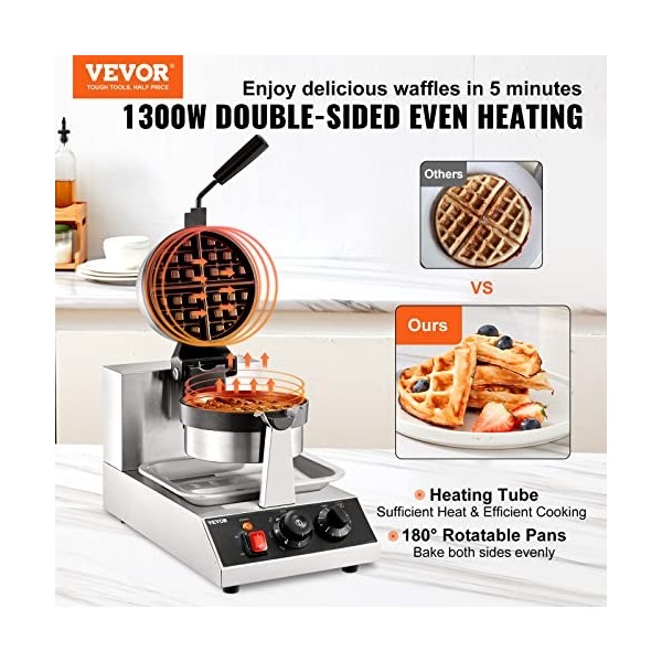 VEVOR Gaufrier Électrique 1300 W Moule 190,5x190,5x20 mm Machine à Gaufres avec Revêtement Anti-Adhésif Appareil à Croque-Mon