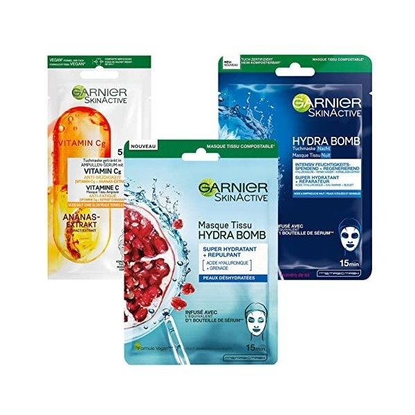 Garnier - Coffret 3 Masques Tissus - Hydratation, Éclat & Réparation - Application Facile & Rapide - Formule Vegan - Pour Tou