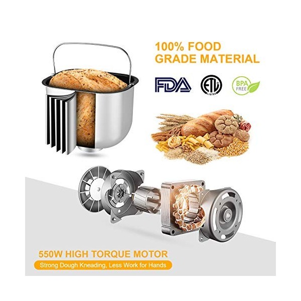 COOCHEER Backmeister Machine à pain 550 W avec 25 programmes, machine à pain en acier inoxydable entièrement automatique avec