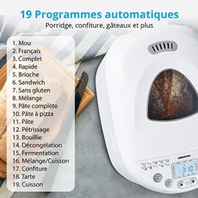 MEDION Machine à pain 550W, robot de cuisine pour pain jusquà 1000g, robot pain avec 19 programmes de cuisson, 3 degrés de b
