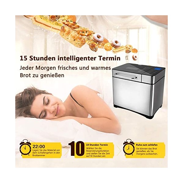 Machine à pain en acier inoxydable - 19 programmes de cuisson - Entièrement automatique - Pour 500 g, 750 g, 1000 g - 15 heur