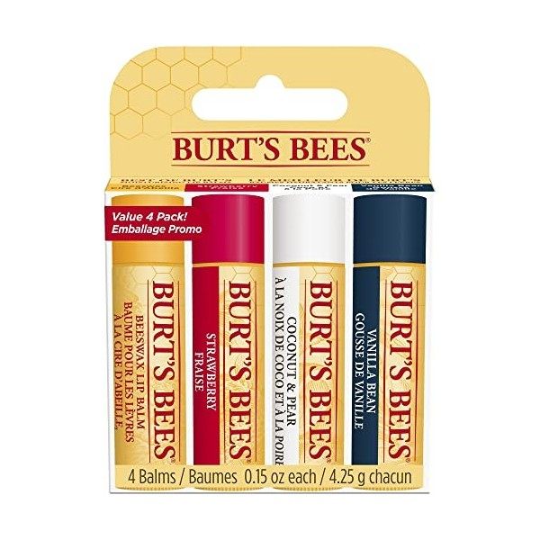 Burts Bees Baume à lèvres Multipack, ensemble de baumes à lèvres, cire dabeille, fraise, noix de coco et poire, vanille, Be