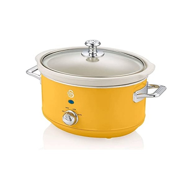 Swan Retro SF17021CNEU Mijoteuse 3,5L Récipient Amovible, Antiadhésif en Céramique Libre PFOA et PTFE, 3 Niveaux de températu