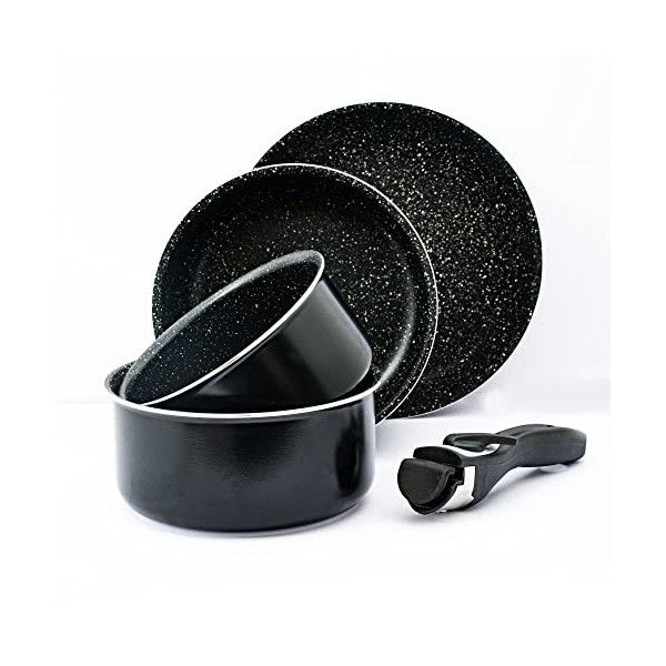 Herzberg HG8053 BLK Batterie De Cuisine, Lot de 3 Casseroles Induction et 2 Poeles Tous Feux de différentes tailles et 1 gant