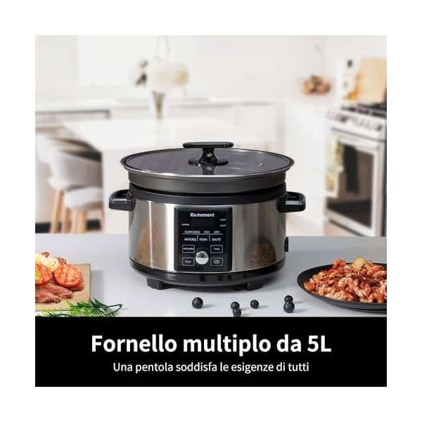 Eamoment Mijoteuse programmable 5L avec minuterie, multicuiseur électrique 4 en 1, cuisson lente haute/cuisson lente basse/ri