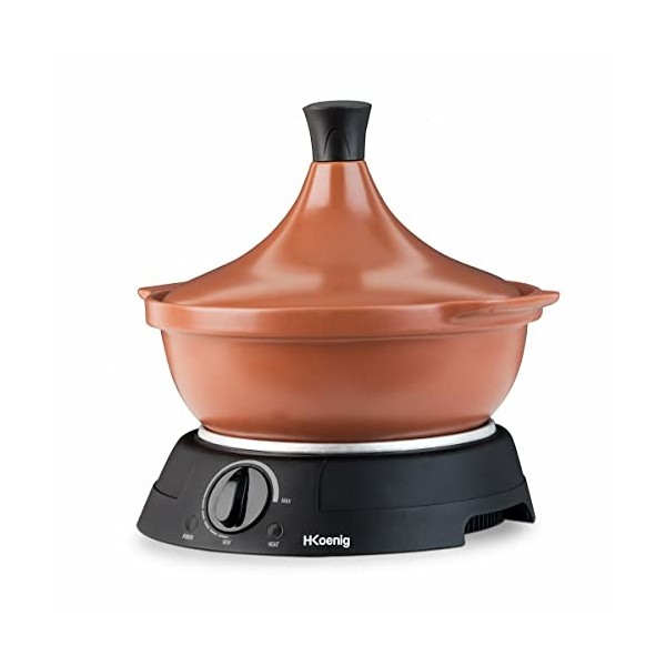 H.Koenig TAJ3 Tajine Electrique 3 L en terre cuite, Mijoteuse, Poignée, Acier Inoxydable, Tajines et Couscous, Thermostat Rég