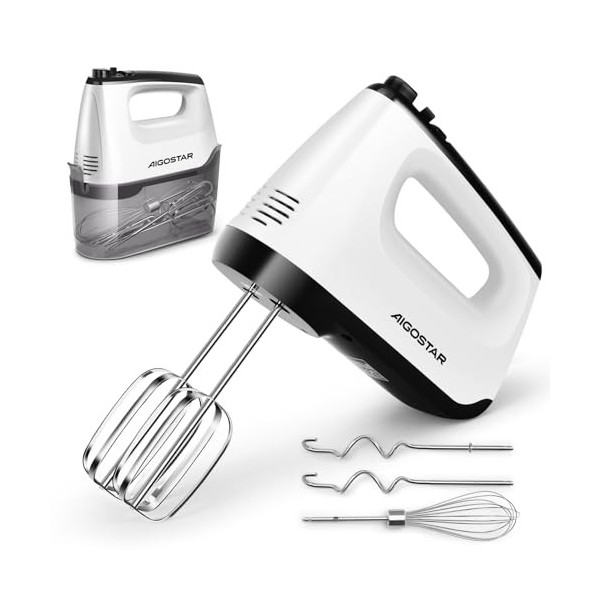 Aigostar Pudding - Batteur électrique cuisine, 6 Vitesses + Turbo, Batteur à main de 400W. Bouton déjection, 2 batteurs, 2 c