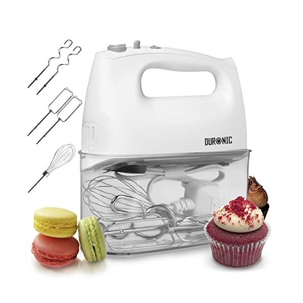 Duronic HM4 WE Batteur à main électrique 400W 5 vitesses avec fonction Turbo Compartiment de rangement 2 batteurs 2 crochets 