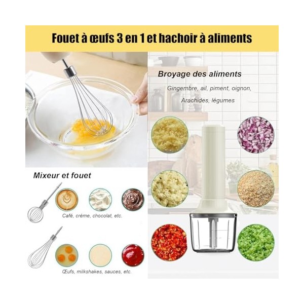 Batteur Électrique Cuisine, Batteur Électrique Sans Fil Rechargeable, Fouet Électrique et Mixeur Plongeant pour Hachage, Émin