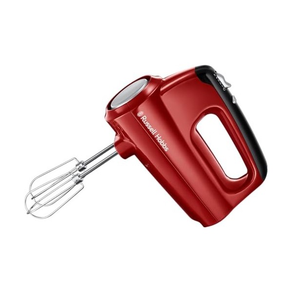 Russell Hobbs Batteur [Facile & puissant] Desire Rouge 5 vitesses+fonction turbo, 2 fouets et crochets pétrin compatibles la