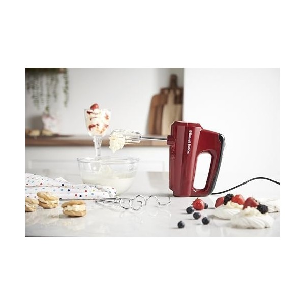 Russell Hobbs Batteur [Facile & puissant] Desire Rouge 5 vitesses+fonction turbo, 2 fouets et crochets pétrin compatibles la