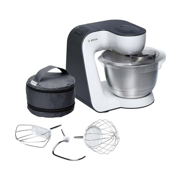 Bosch, robot pâtissier, moteur 900 watts, mélange homogène 3D, 7 vitesses, accessoires pâtisserie, compact, blanc/gris, MUM54