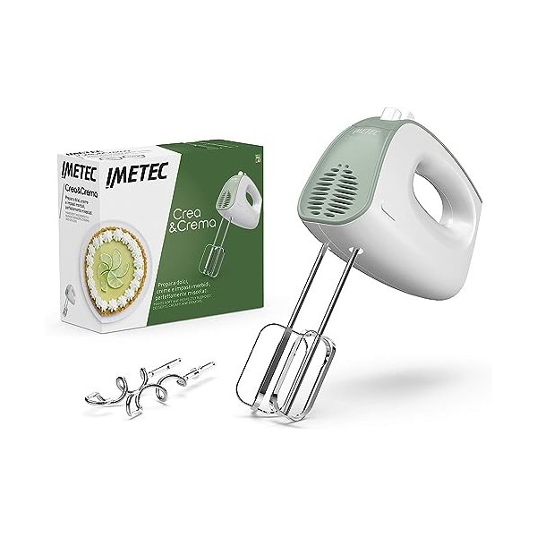 Imetec Crea & Crema Batteur Électrique, Fouets Extra-Longs pour Pâtes Sucrées et Crème Fouettée, Crochets de Pétrissage en Ac