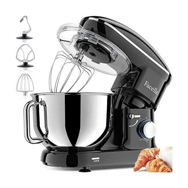 Robot Pâtissier Facelle 1500W Petit électroménager 6,2 L,Robot Pétrin Professionnel avec Fouet, Batteur, Crochet, Bol dAcier ...