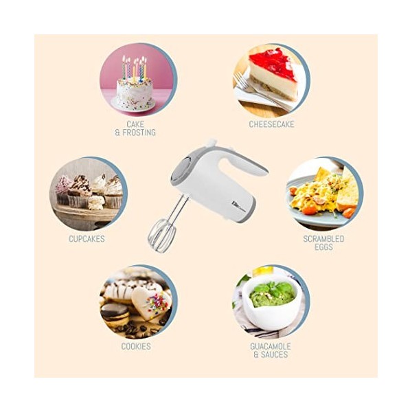 Elite Gourmet EHM-003X Batteur à main électrique, 5 vitesses, très puissant, blanc