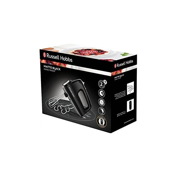 Russell Hobbs Batteur Electrique Cuisine [Design premium] Noir Mat 2 Fouets Hélice, 2 Crochets Pétrin, 5 Vitesses, Turbo, Er