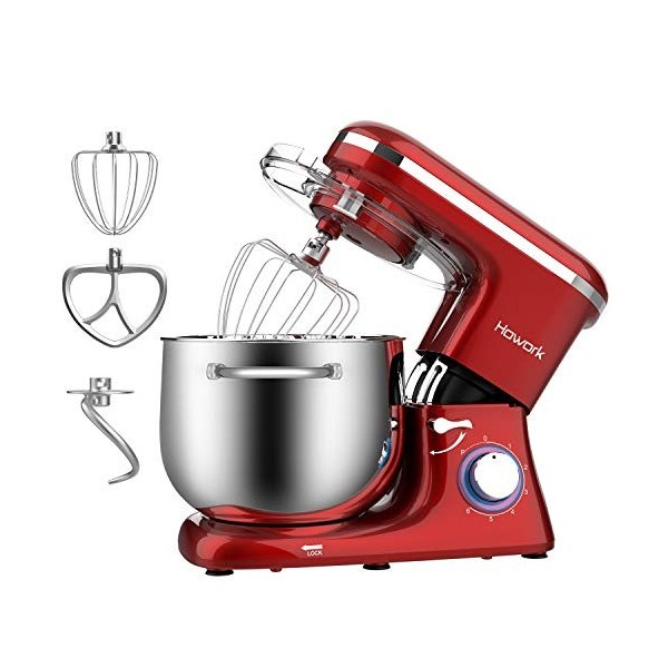 HOWORK Robot Pâtissier 1500W, 6 Vitesses Pétrin Professionnel avec Bol 8L, avec Crochet Pétrisseur, Batteur Plat, Fouet à Fil