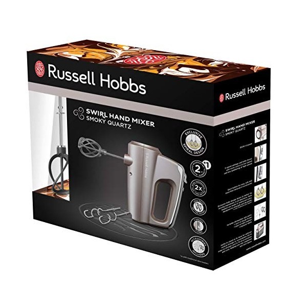 Russell Hobbs Batteur Electrique Cuisine [Ultra puissant] Swirl 2 Fouets Hélice, 2 Crochets Pétrin, 1 fouet ballon, compatib