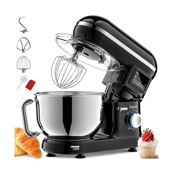 Robot Pâtissier Zuccie 1500W 5.5L Bol dAcier Inoxydable Professionnel Robot patissier,Écran LCD,Avec Crochet Pétrisseur,Batt