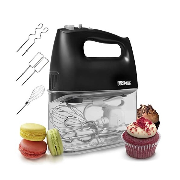 Duronic HM4 BK Batteur à main électrique 400W 5 vitesses avec fonction Turbo Compartiment de rangement 2 batteurs 2 crochets 