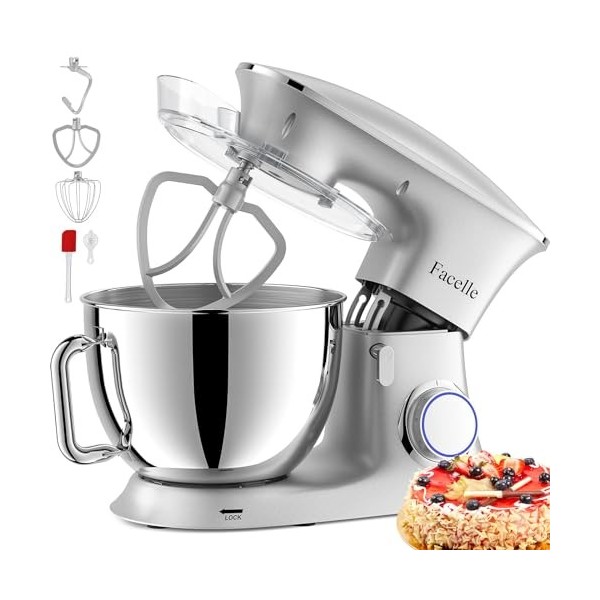 Facelle Robot Pâtissier Multifonctions de Cuisine 1500W 8.5L, Puissant, Métalique, Mixeur Batteur sur Scole, avec Batteur, Fo