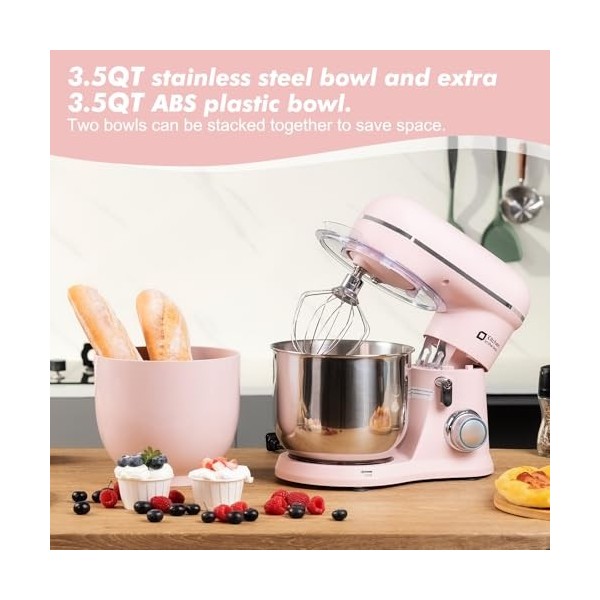 Kitchen in the Box 3,5 L 2 Bols Robot Pâtissier avec Fouet, Crochet Pétrisseur, Batteur, 10 Vitesses + Fonction Pulse, Rose