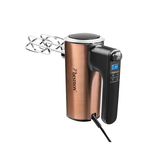 Bestron Batteur electrique cuisine, Batteur mixeur à main puissant avec 6 vitesses, fonction turbo et écran LCD, livré avec 2