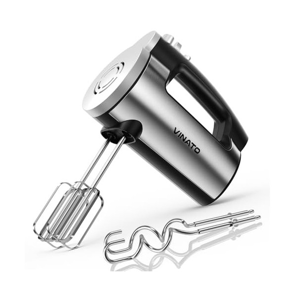 VINATO Batteur Electrique Cuisine, Batteur à Main avec 5 Vitesses, Batteur Pratique avec 2 Fouets et Crochets à Pétrir en Ino