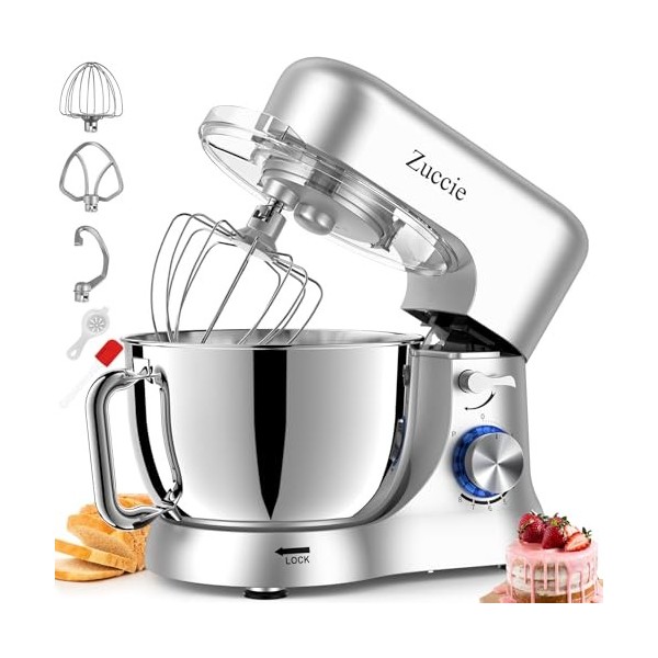 Robot Patissier, Zuccie 5 L Robot Pâtissier, 1000W Robot Cuisine avec Fouet, Batteur, Crochet, Bol dAcier Inoxydable et Pare