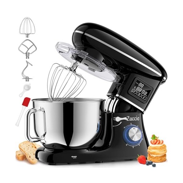 Robot Patissier, Zuccie 5 L Robot Pâtissier, 1000W Robot Cuisine avec Fouet, Batteur, Crochet, Bol dAcier Inoxydable et Pare