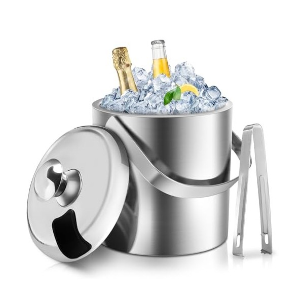 Recipiente de hielo con tapa y pinzas de acero inoxidable