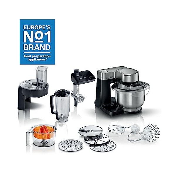 Bosch Batteur sur socle 7 en 1 MUMS2VM40G 7 vitesses, crochet pétrisseur, fouet, batteur, mixeur, presse-agrumes, broyeur, 90