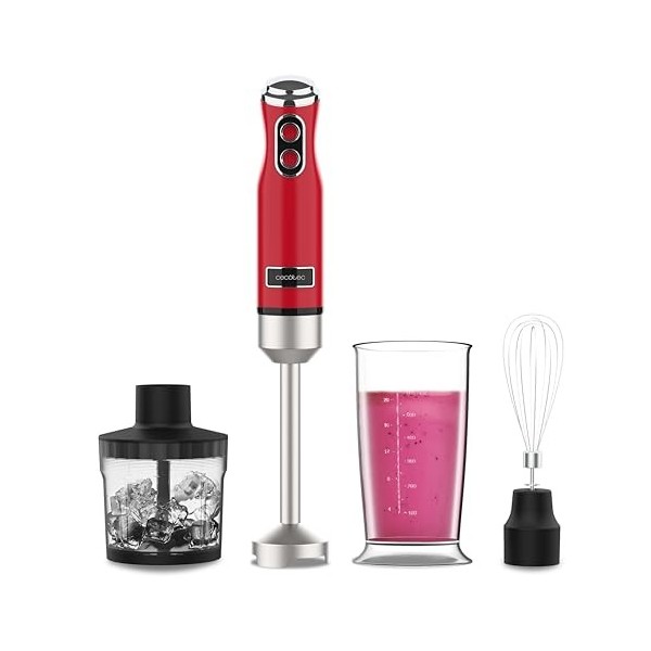 Cecotec Blender Power RetroRed 1200MAX Cream&Crush. Mixeur plongeant rétro dune puissance maximale de 1200 W, lame à 4 lames