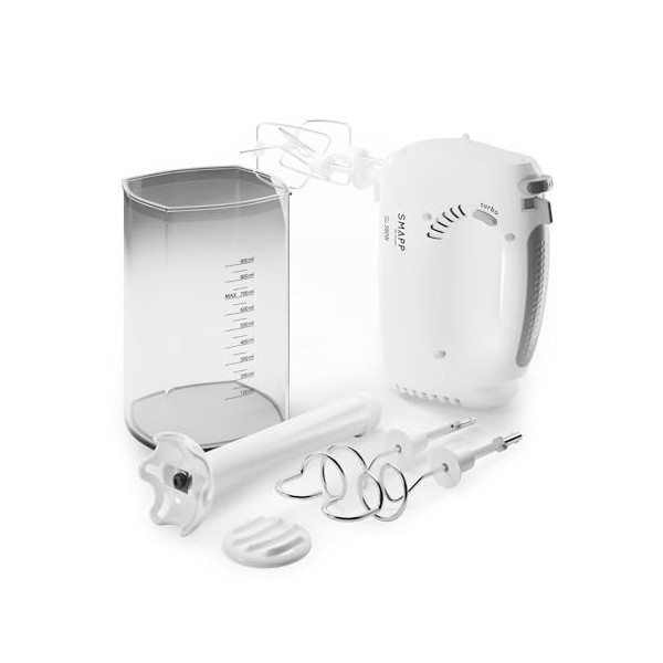 SMAPP 451.5 Batteur à main Blanc 580 W 5 vitesses + Turbo Boost + 2 fouets + 2 crochets pétrisseurs en acier inoxydable + pre