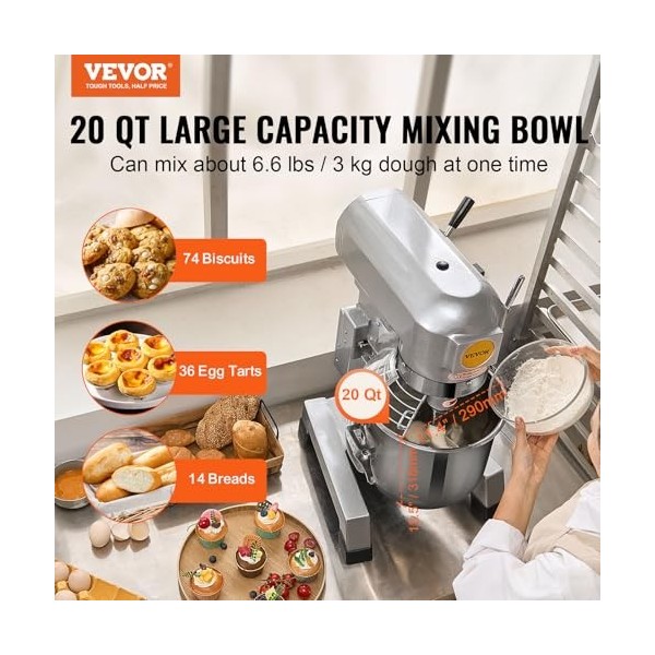 VEVOR Robot Pâtissier Commercial 18,7 L, Batteur Mélangeur avec 3 Vitesses Réglables, Mixeur à Pâte 1100 W, avec Bol en Inox 