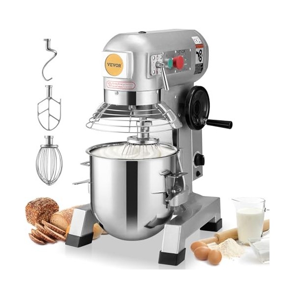 VEVOR Robot Pâtissier Commercial 18,7 L, Batteur sur Socle avec 3 Vitesses Réglables, Mixeur à Pâte 1100 W avec Bol en Inox e