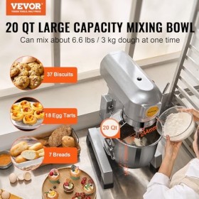 VEVOR Robot Pâtissier Commercial 18,7 L, Batteur sur Socle avec 3 Vitesses Réglables, Mixeur à Pâte 1100 W avec Bol en Inox e