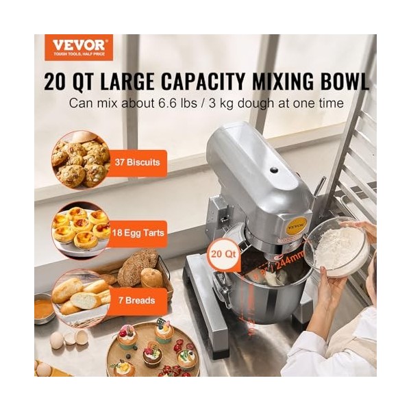 VEVOR Robot Pâtissier Commercial 18,7 L, Batteur sur Socle avec 3 Vitesses Réglables, Mixeur à Pâte 1100 W avec Bol en Inox e
