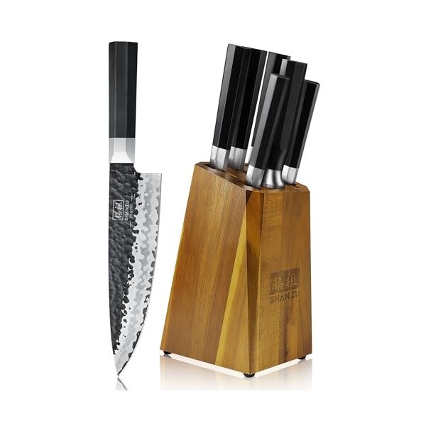 SHAN ZU 7 Pièces Set Couteau Cuisine Forgé à la Main, Ensemble Couteau avec Bloc Couteaux en Bois, 7 Couches de Couteau Japon