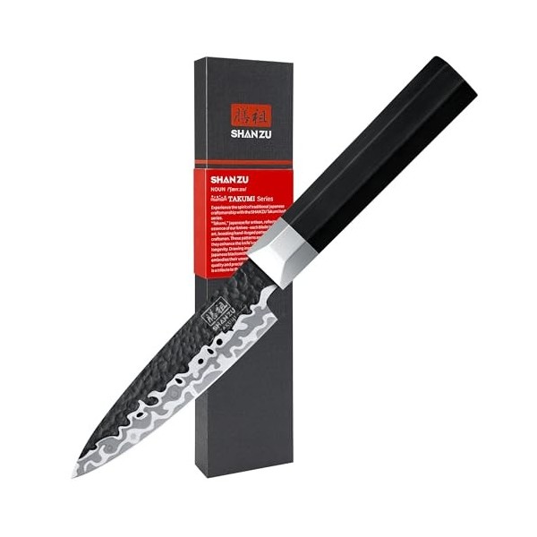 SHAN ZU 7 Pièces Set Couteau Cuisine Forgé à la Main, Ensemble Couteau avec Bloc Couteaux en Bois, 7 Couches de Couteau Japon