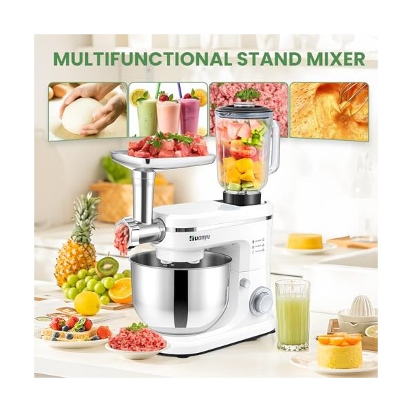 Huanyu 3-in-1 Robot Patissier Multifonctions 6L Petrin a Pain avec Mixeur 1.5L et Hachoir à Viande Robot de Cuisine Multifonc